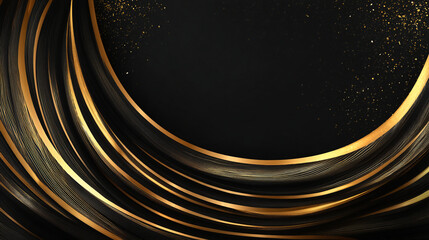 Abstract Luxury Background with Flowing Black and Gold Silk Waves and Particles