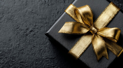 Elegant black gift box with a shiny gold satin bow on a dark textured background