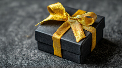 Luxurious black gift box with golden ribbon on dark stone surface for holiday celebrations