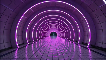 Futuristic purple tunnel with neon lights leading to a dark entrance