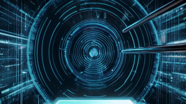 A futuristic digital art piece featuring a central concentric circle design in shades of blue. The artwork includes straight lines and a glowing element