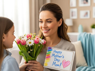 Little girl surprising happy mother with flowers and handmade card