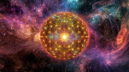 A vibrant luminous sacred geometric sphere glowing with radiant light patterns set against a colorful cosmic nebula and starfield
