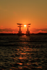 Torii gate silhouette at sunset on New Year's Day, Bentenjima, Hamamatsu, Shizuoka, Japan
