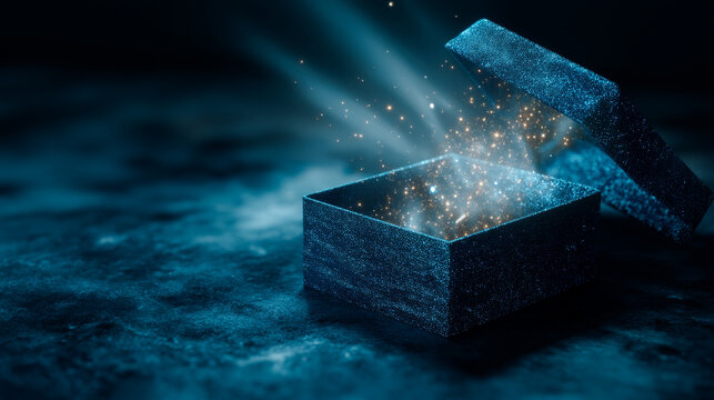 Magical open gift box with bright golden sparks and light rays coming from inside on dark blue
