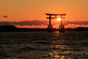 Torii gate silhouette at sunset on New Year's Day, Bentenjima, Hamamatsu, Shizuoka, Japan
