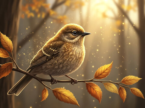 Little brown bird perched on a branch with autumn leaves in a magical golden forest