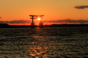 Torii gate silhouette at sunset on New Year's Day, Bentenjima, Hamamatsu, Shizuoka, Japan

