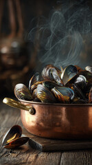 Fresh steamed mussels in a vintage copper pot with rising steam on rustic wooden table