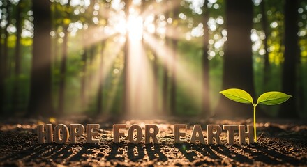 Sunlight beams through forest illuminating new seedling emerging from rich soil environment