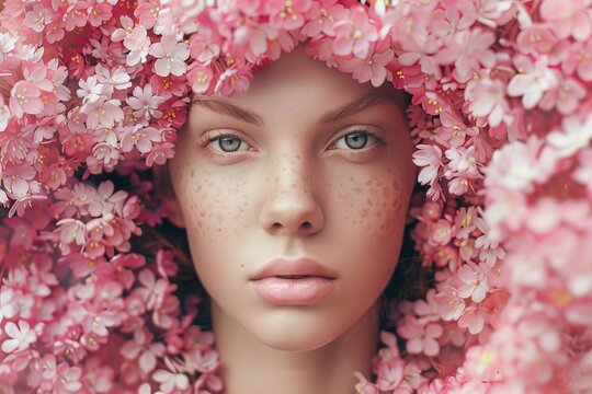 Beauty portrait of attractive young woman with freckles surrounded by pink flowers