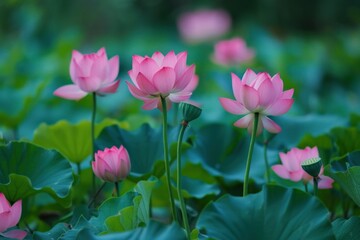 Obraz premium Beautiful pink lotus flowers are blooming among green leaves in a serene pond