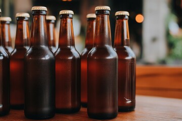 Row of brown glass beer bottles with condensation in warm light, craft brewery atmosphere ideal for beverage marketing, branding visuals and hospitality promotion