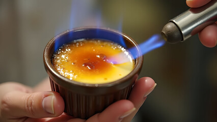 Cr?me br?l?e caramelizing with culinary torch