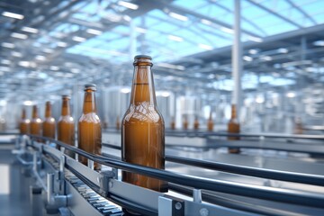 Single brown beer bottle in front of blurred brewery background, minimal product shot ideal for label design, branding mockups and advertising