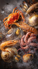 Assorted fresh raw seafood on ice with steam, including crab, shrimp, octopus and shellfish
