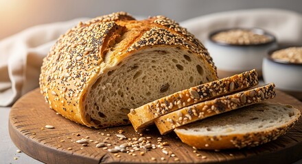 Freshly baked multigrain bread with seeds golden crust rustic sliced loaf appetizing aroma