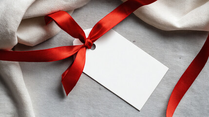 Empty white label with red silk ribbon for gift mockup