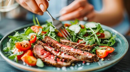 Captivating close up of a fork cutting into juicy medium rare steak with elegant bokeh background