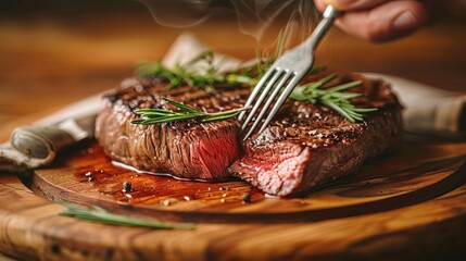 Cinematic close up of a juicy medium rare steak held by a polished fork on a rustic table