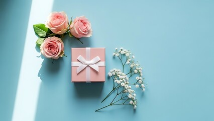 A pink gift box with roses and baby's breath on a blue background for Mother's Day