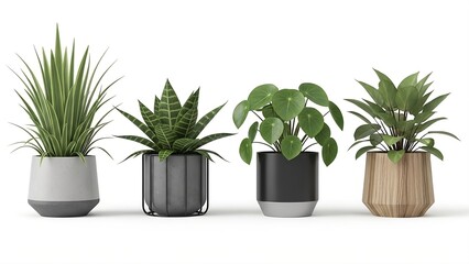 Obraz premium Four potted green houseplants with varied foliage and modern planters potted plants green foliage snake plant