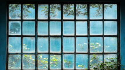 A view of nature through a grimy old windowpane with a distorted reflection