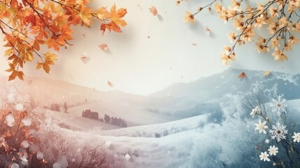 A vibrant autumn design featuring orange and yellow maple leaves scattered across forest floor snow and park foliage in a gold nature illustration pattern