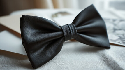 Classic black bow tie accessory for formal attire on white background, fashion detail