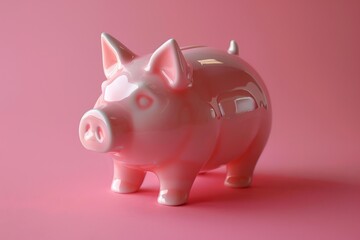 Shiny pink piggy bank standing on a pink background representing the concept of saving money