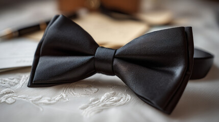 Detail of a stylish black bow tie on white linen background for men's formal fashion