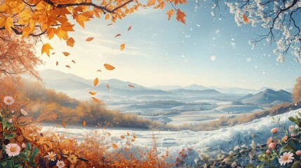 Sunlight illuminates a beautiful autumn mountain landscape featuring a forest of orange and yellow foliage under a bright sky with clouds