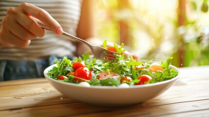 Vibrant close up of a person holding a bowl of fresh salad with fork accent and soft background