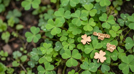 Happy st patricks green clover leaves cover the ground with a few lighter colored dried leaves scattered among them in a dense pattern