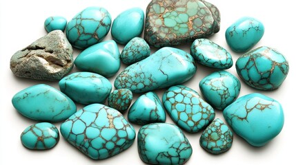 A vibrant collection of perfectly smooth polished turquoise stones with intricate brown matrix patterns scattered across a white surface