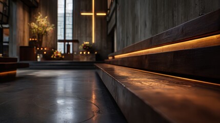 Medium shot focused on subtle ambient lighting in a peaceful chapel combining muted LEDs and natural daylight to promote calm reflection and devotion.