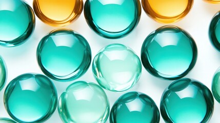 A vibrant collection of perfectly spherical glass marbles in shades of aqua teal blue green and gold arranged in a pleasing pattern