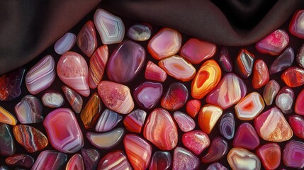 A vibrant collection of polished agate slices showcasing a variety of colorful banded patterns and translucent textures displayed together
