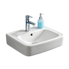 Fototapeta premium Modern white bathroom sink with chrome faucet and soap dispenser