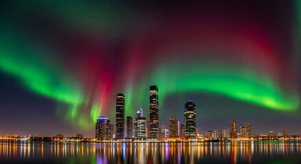 Spectacular northern lights aurora borealis shining over modern city skyline. Night urban landscape with skyscrapers reflection in water