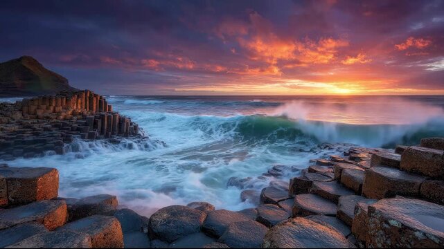 Giant's Causeway sunset landscape with crashing waves over hexagonal basalt columns in Northern Ireland