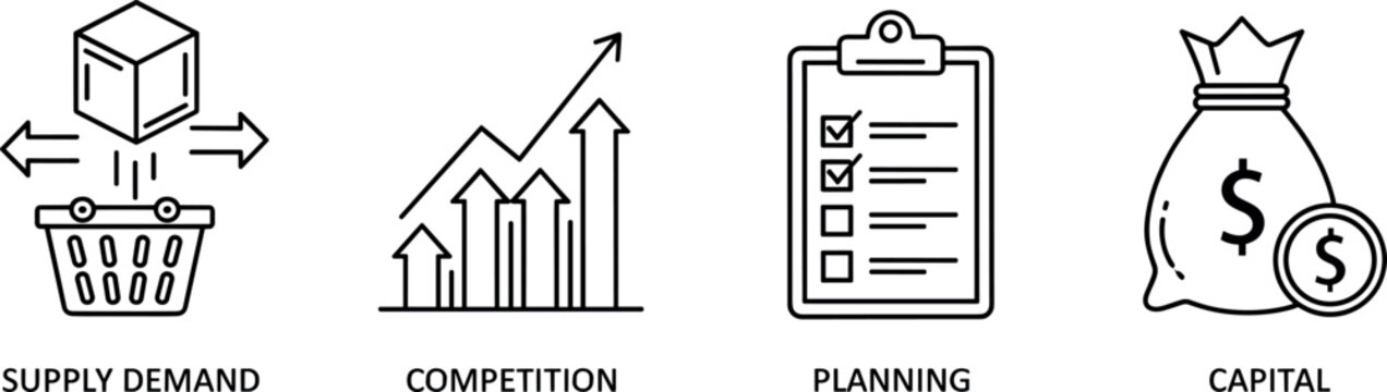 Market economy icon set with supply demand competition planning and capital symbols