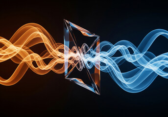 Vibrant Energy Exchange: A mesmerizing display of flowing, colored smoke forming a dynamic interaction with an exquisite crystalline structure.