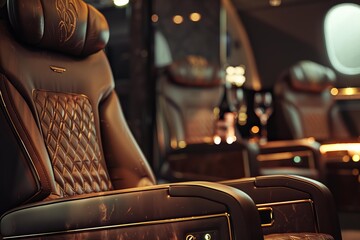 Fototapeta premium Comfortable and elegant brown leather seats inside a private jet, creating an atmosphere of luxury and exclusivity