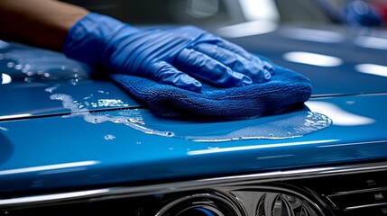 Close up of worker polishing a glossy blue car hood with reflections for car detailing promotion