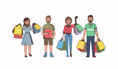 Obraz premium Cute Flat Vector Illustration of People Holding Shopping Bags After Store Purchases