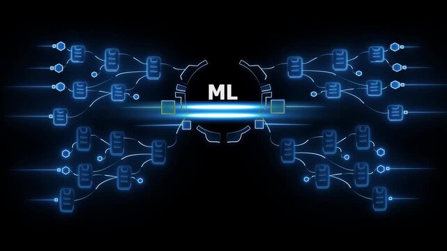 Machine Learning Network Visualization M L Algorithm Data Flowchart with Glowing Blue Connections and Nodes on Dark Background