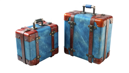 Two vintage distressed blue and brown suitcases on black background