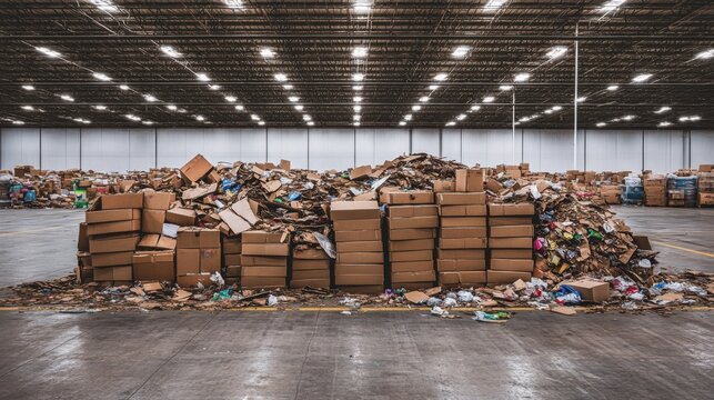A vast warehouse interior filled with enormous, overflowing piles of stacked brown cardboard boxes waiting for recycling