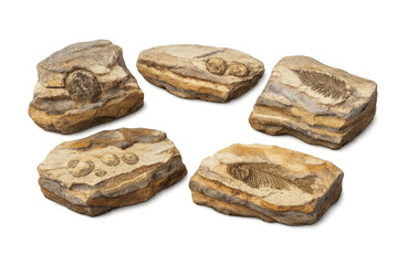 Collection of ancient fossil rocks showing prehistoric marine life imprints including fish, shells, and crustaceans